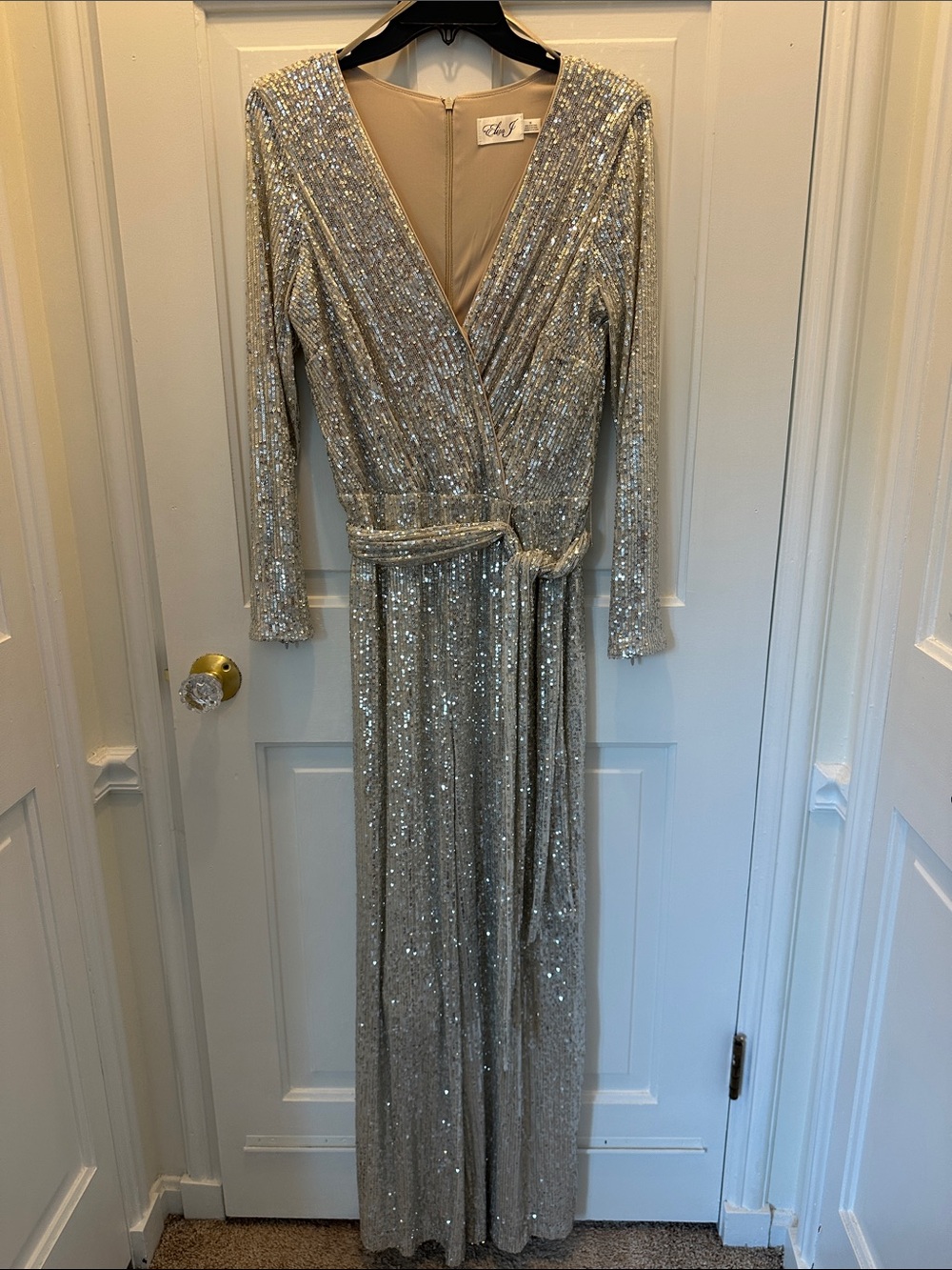 Eliza J Silver Sequin Belted Jumpsuit, Long-Sleeve - Size 10